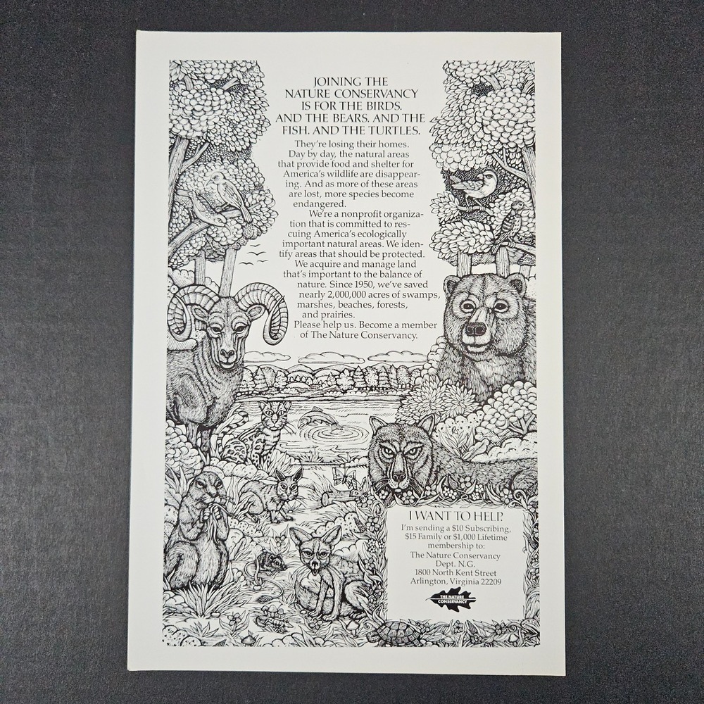 1982 Nature Conservancy Hand Drawn Wildlife Art Vintage‎ Print Ad Arlington VA